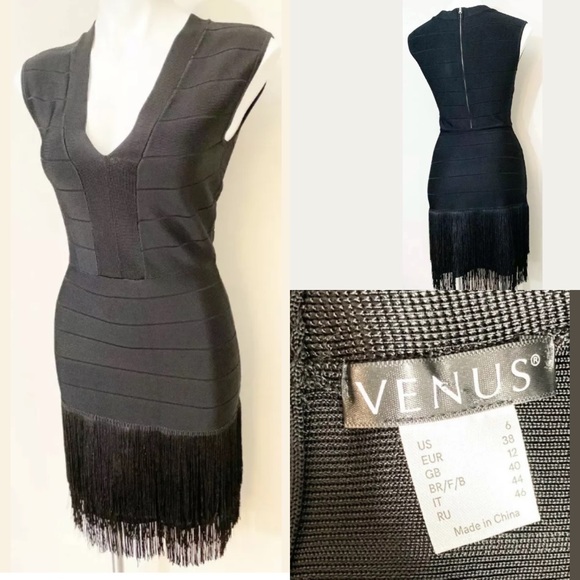 VENUS Dresses & Skirts - Venus Sz 6 Black Bandage Bodycon Dress With Fringe